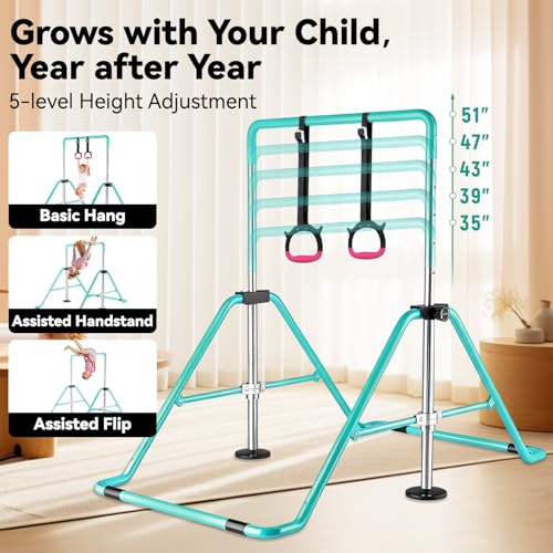 Kids Gymnastics Bar Gymnastic Equipment for Home Adjustable Height Gymnastic Training Bar Gymnastic Stuff for 3-7 Years Old Girls - color: Green with ring