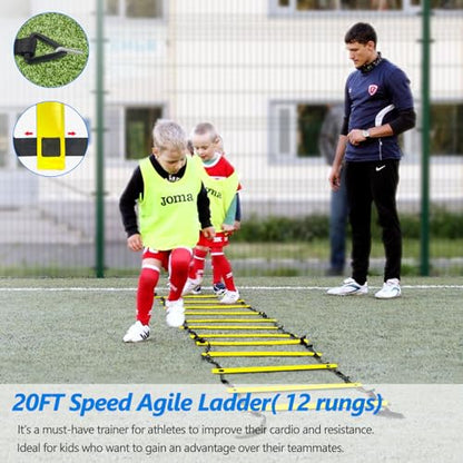 Agility Training Equipment, Football Training Equipment Includes 20FT Agility Ladder,4 Adjustable Agility Hurdles, 12 Football Cones, Parachute, for Training Soccer Basketball Athletes - color: YELLOW