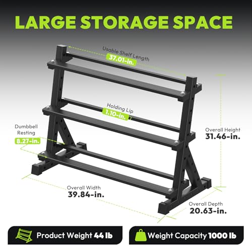 HANDBODE 3-Tier Dumbbell Rack Stand, 1000LB Capacity Storage Rack, Weight Rack for Dumbbells, Kettlebell, 390–700 lb Rubber Coated Fixed Weight Sets, Home Gym Strength Training Equipment - color: 3-Tier Dumbbell Rack