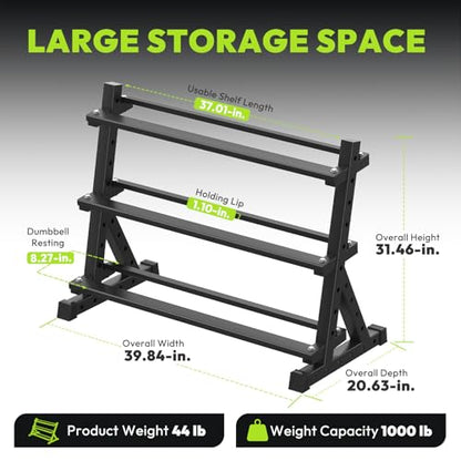 HANDBODE 3-Tier Dumbbell Rack Stand, 1000LB Capacity Storage Rack, Weight Rack for Dumbbells, Kettlebell, 390–700 lb Rubber Coated Fixed Weight Sets, Home Gym Strength Training Equipment - color: 3-Tier Dumbbell Rack