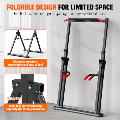 Foldable Power Tower Dip Station for Pull Ups, Dips & Push Ups, Upgraded Free Standing Pull Up Bar Station, Multi-function Workout Equipment for Home Gym Strength Training, Support 440LBS