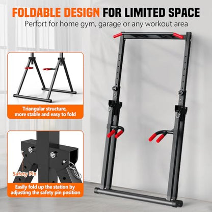 Foldable Power Tower Dip Station for Pull Ups, Dips & Push Ups, Upgraded Free Standing Pull Up Bar Station, Multi-function Workout Equipment for Home Gym Strength Training, Support 440LBS