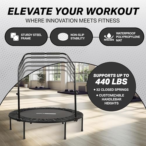 Foldable Mini Trampoline Fitness Rebounder for Home Gym Workouts – with 5-Level Adjustable Handle, Heavy-Duty Steel Frame, Portable Design, and Supports up to 440 Pounds
