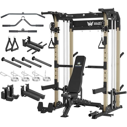 MAJOR FITNESS F22 Power Rack, 1600lbs All-in-One Squat Rack with Dual Pulley System, Heavy-Duty Steel Frame, Attachments & Storage for Home Gym Strength Training - color: Khaki, style: F22 (with Bench Elite BK)