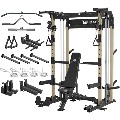 MAJOR FITNESS F22 Power Rack, 1600lbs All-in-One Squat Rack with Dual Pulley System, Heavy-Duty Steel Frame, Attachments & Storage for Home Gym Strength Training - color: Khaki, style: F22 (with Bench Elite BK)