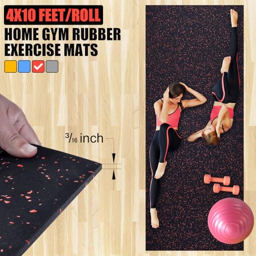 10' x 4' Feet/Roll - Gym Rubber Flooring Roll Mat, 120" x 48" inch/Roll Home Fitness Mat, Heavy-Duty Protective Exercise Mats Yoga Mat (Black Red, 10'x4' Feet)