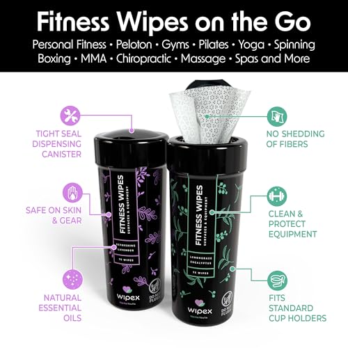 Wipex Yoga Mat Cleaner & Fitness Wipes - Natural Lavender & Vinegar Gym Equipment Cleaner - 75 Gym Wipes to Clean Yoga Mats, Spinning & Peloton Bikes, Weight Machines & Surfaces
