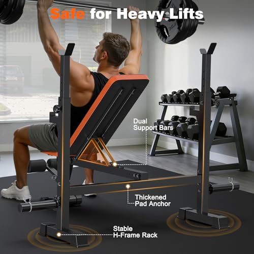 Adjustable Weight Bench with Squat Rack, 770lbs Heavy Duty Olympic Bench Press for Home Gym, Multi-Function Flat Incline Workout Bench Family Strength Training with Removable Foot Catch