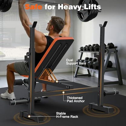 Adjustable Weight Bench with Squat Rack, 770lbs Heavy Duty Olympic Bench Press for Home Gym, Multi-Function Flat Incline Workout Bench Family Strength Training with Removable Foot Catch