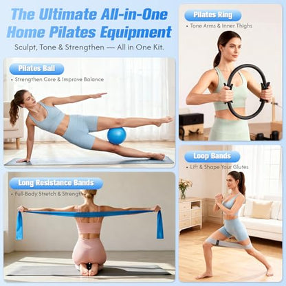 Pilates Equipment, Pilates Kit for Women Home Workouts, at Home Pilates Set with Pilates Ring, Pilates Ball, Long and Loop Resistance Bands, Pilates Socks, Massage Ball, Guide & Bag
