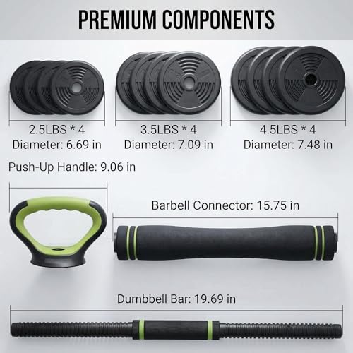 Adjustable Dumbbell Set 44LB, 4-in-1 Free Weight Set with Barbell & Kettlebell & Push-Up Handles, Compact All-in-One Home Gym for Men & Women, Anti-Slip Grip, Quiet Rubber-Coated Plates