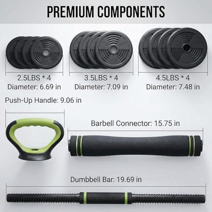 Adjustable Dumbbell Set 44LB, 4-in-1 Free Weight Set with Barbell & Kettlebell & Push-Up Handles, Compact All-in-One Home Gym for Men & Women, Anti-Slip Grip, Quiet Rubber-Coated Plates