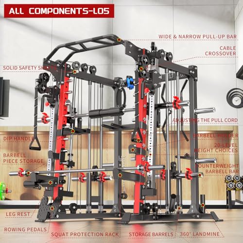 Multi-Purpose Squat Rack,Smith Machine Weight Rack Set with Cable Crossover System, Home Gym Power Racks, Power Racks and Packages - color: L05, size: Power cage Red+bench+(pole+Cast lron)338LBS