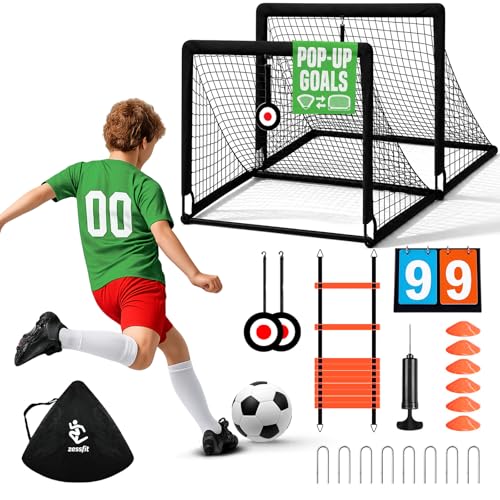 Kids Soccer Goal Set for Backyard, Portable Soccer Nets Set of 2 with Soccer Ball, Scoreboard, Agility Ladder, Cones and Target Nets, Indoor Outdoor Soccer Training Equipment for Boys and Girls - color: Black, size: 4x3FT