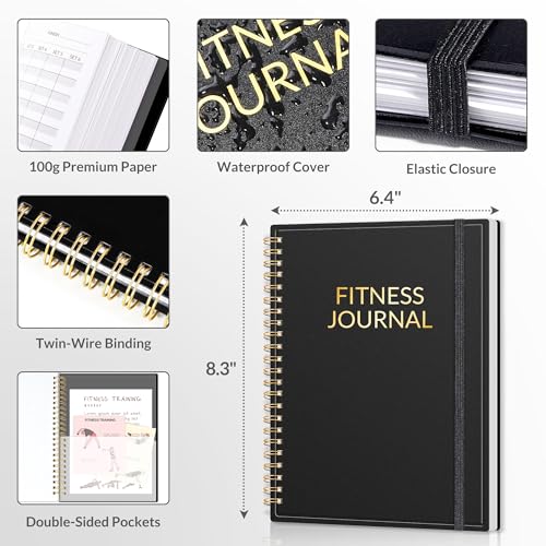 Fitness Journal Workout Planner for Women & Men, A5 (6.4" x 8.3") Workout Journal Log Book Planner Gift for Track Gym Essentials, Home Workouts, Track Progress, Achieve Wellness Goals, Black