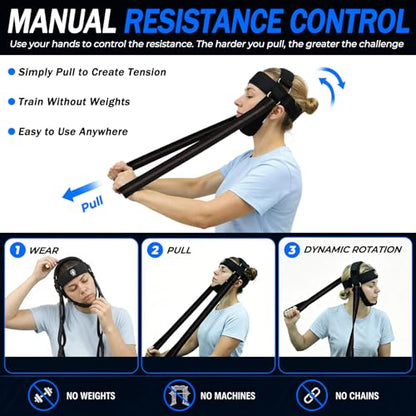 Neck Harness with Resistance Bands - Adjustable Head Trainer with Chin Pad & Top Strap for Strengthening - Manual Resistance Neck Exerciser for Boxing, Stretching and Posture Recovery - Portable Gym Equipment