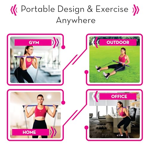 Pilates Bar Kit with Resistance Bands (Up to 100lbs) - Portable Home Gym Equipment for Squats, Yoga, and Full Body Toning - 3-Section Steel Bar + Fabric Booty Band