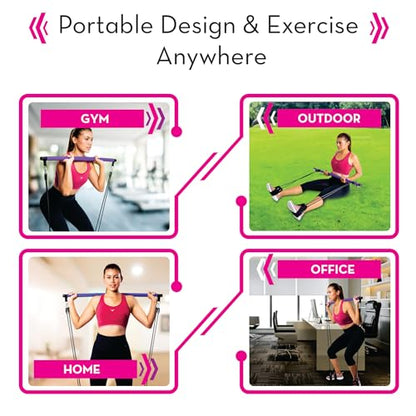 Pilates Bar Kit with Resistance Bands (Up to 100lbs) - Portable Home Gym Equipment for Squats, Yoga, and Full Body Toning - 3-Section Steel Bar + Fabric Booty Band