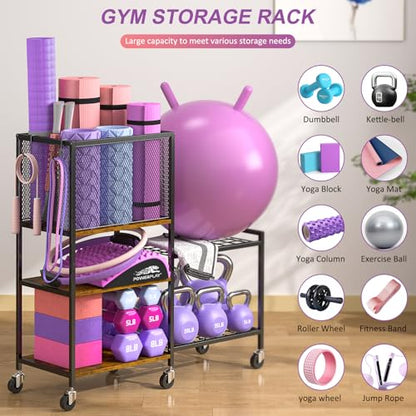 Dumbbell Rack, Yoga Mat Storage Holder, Home Gym Storage Rack, Workout Equipment Storage Organizer, Weight Storage Holder Rack with Hooks and Wheels - size: 5 Tier
