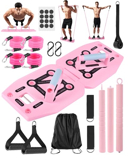 Home Gym Exercise Equipment - Portable Workout System 17 Fitness Accessories 9 in1 Push Up Board Set, Resistance Bands with Pilates Bar Strength Training Abs Shoulders