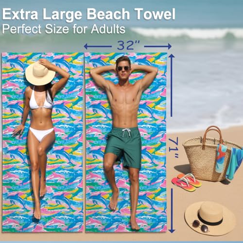 Microfiber Beach Towel Sand Free Quick Dry Oversized Dolphin Marine Artistic Nautical Print Swim Pool Blanket Blue Pink Green for Travel Adults 71 x 32 Inches 1 Pcs - color: Dolphin