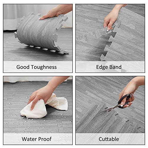 Patelai 32 Pcs Interlocking Foam Mats, 11.8 x 11.8 Inch Wood Grain Foam Floor Tiles, EVA Puzzle Play Mat for Kids Playroom, Nursery, Home Gym, Bedroom, Grey