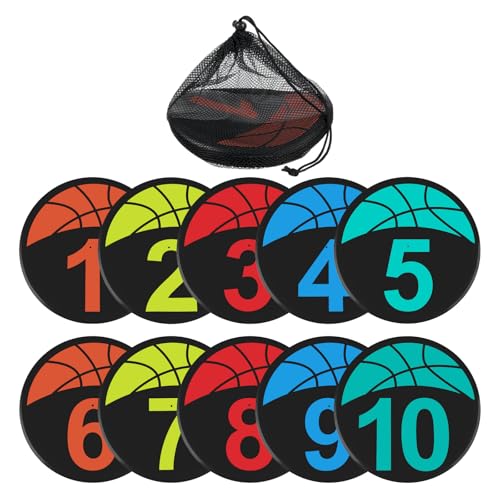 10 Packs Basketball Training Spot Markers, 9" Colorful Anti-Slip Rubber Sports Training Markers, Round Flat Floor Marker with Number Dots for Teaching