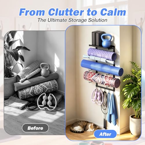 Yoga Mat Holder Wall Mount for Home Gym, 3-Tier Iron Yoga Mat Storage Rack & Organizer with Metal Shelf and 5 Hooks for Strap, Resistance Bands - Space Saving Wall Mounted Workout Equipment