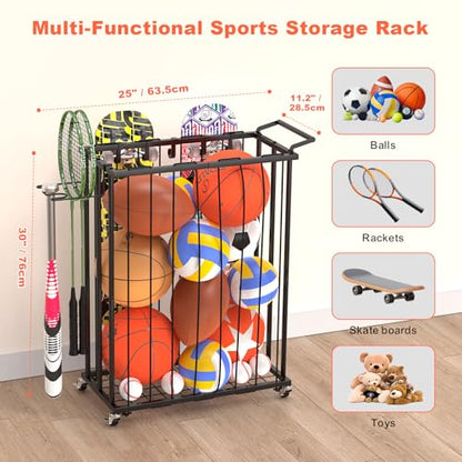 Multi-Functional Sports Storage Rack with Elastic Rope, Movable Racket Holders & Hooks - Heavy-Duty Organizer for Balls, Tennis/Badminton Rackets, Skateboard - Ideal for Garage, Home Gym & Playroom