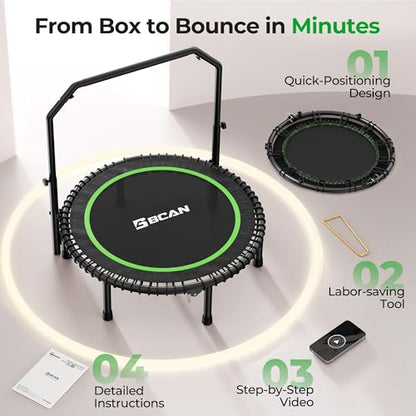 BCAN BT2 450/550LBS Mini Rebounder Trampoline for Adults with Bar, Fitness Trampoline with Bungees, Adjustable Handle, Stable & Quiet, Indoor Outdoor, Whole-Body Workout - 40IN/48IN | FED Fitness