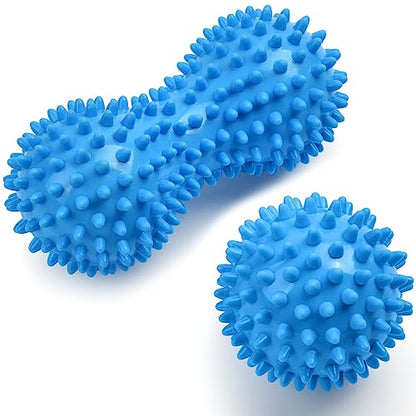 URAQT Spiky Massage Ball Set, 2 Pack Physical Therapy Massage Balls, Hard Lacrosse Ball & Spiky Massage Ball for Myofascial Release and Trigger Point Deep Tissue Massage (Blue)