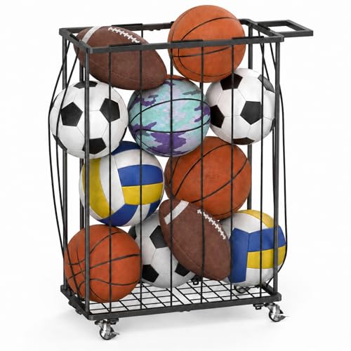 Garage Ball Storage Rack with Wheels and Elastic Rope, Sports Ball Holder for Basketball, Soccer, Volleyball, Football, Sports Equipment Organizer for Playroom, Home Gym, Indoor Outdoor Use - size: Small