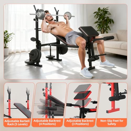 Weight Bench, Adjustable Weight Bench with Bench Press Rack, 550 LB Foldable Weight Lifting Bench with Leg Extension, Preacher Curl Pad & 5-Level Barbell Holder for Home Gym Strength Training