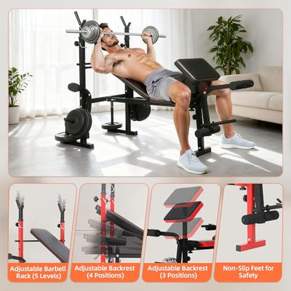 Weight Bench, Adjustable Weight Bench with Bench Press Rack, 550 LB Foldable Weight Lifting Bench with Leg Extension, Preacher Curl Pad & 5-Level Barbell Holder for Home Gym Strength Training