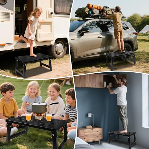 RV Step Stool Foldable 1000 lbs Capacity, Heavy Duty Metal Steps Platform, Stable RV Steps Stool for Camper, Motorhome, Outdoor Travel, Non-Slip Rubber Feet and Easy to Carry