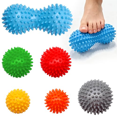 6-Pack Spiky Massage Balls Set, Hard/Medium/Soft Textured Muscle Roller Balls for Plantar Fasciitis Relief, Myofascial Release, Foot Pain and Muscle Tightness, Acupressure and Stress Relief