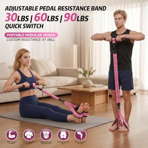Pedal Resistance Band with Handle, 90LBS Adjustable Exercise Band - color: Pink