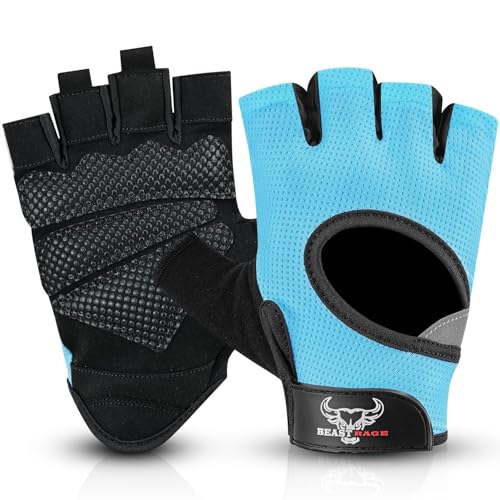 BEAST RAGE Fingerless Weight Lifting Gloves with Palm Protection Padding, Breathable Lightweight Gym Gloves for Men, Women, Weightlifting, Cycling, Exercise, Training Pull Up - color: Aqua, size: X-Large