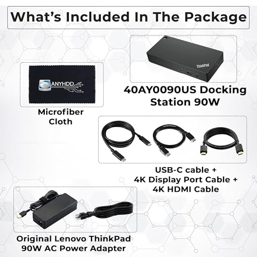 40AY0090US Lenovo Thinkpad Docking Station Dual Monitor - Supports 4K Display, Thinkpad Dock with 90W Adapter, HDMI, DisplayPort, USB C Cables & Cloth - Lenovo Docking Station