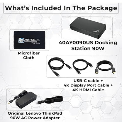 40AY0090US Lenovo Thinkpad Docking Station Dual Monitor - Supports 4K Display, Thinkpad Dock with 90W Adapter, HDMI, DisplayPort, USB C Cables & Cloth - Lenovo Docking Station