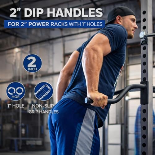 Valor Fitness Power Rack Dip Handle Attachments with Multiple Fits - Options Compatible with 2" & 2.5" Uprights and 3" Rigs with 1" Hole - Strength Training Accessory