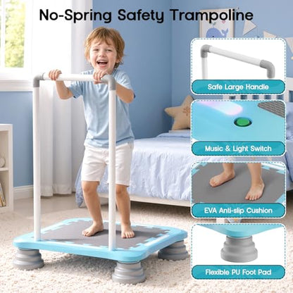 25" Toddler Trampoline with LED Lights & Music, Indoor Mini Kids Trampoline with Handlebar, Non-Slip Sensory Balance Training Bounce Board for Boy Girl Ages 3+, Safety Pad & 220 LBS Max Load