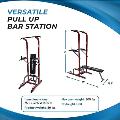 Stamina Full Body Power Tower 735 - Dip Bar with Built-in Bench and Rack - Pull Up Bar Station with Smart Workout App - Dip Bars for Home Workout - Up to 300 lbs Weight Capacity | Dip Bar with Built-in Bench and Rack; Pull Up Bar Station with Smart Workou