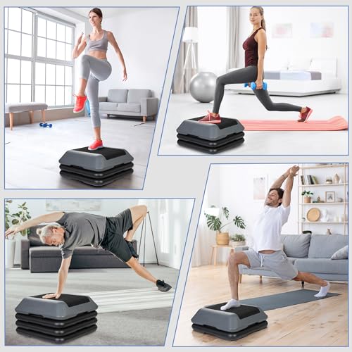 16"x16" Height Adjustable Step Aerobic Platform with 4 Risers, Exercise Workout Stepper for Home Training, Gym Fitness, 4''- 6'' - 8''-10''-12'' - color: Gray
