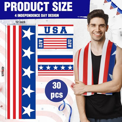 Fanfanwin 30 Pack Flag Day 250 Years Cooling Towels Bulk American Flag Chilly Towels for Neck Face 40 x 12 Inch Cool Breathable Soft Ice Cold Washcloth for Sports Running Gym Yoga Workout