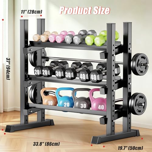 3-Tier Adjustable Dumbbell Rack, Heavy-Duty Weight Rack for Home Gym, Space-Saving Weight Storage Rack for Dumbbells, Kettlebells, Barbells & Plates (Rack Only) - size: 33.8X19.7X37inch