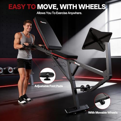 PASYOU Adjustable Weight Bench for Home Gym, Leg Press Machine – Adjustable Foot Plate Weight Bench with Leg Press, Compact Fitness Bench for Glutes, Quads, Compatible with 1'' and 2'' Weight Plates