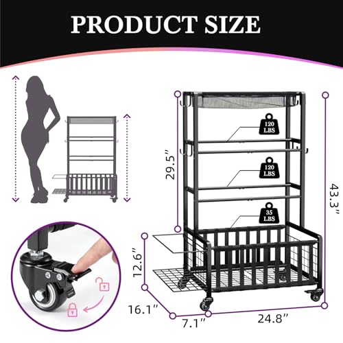 Dumbbell Rack, Home Gym Storage Rack, Adjustable Weight Rack Organizer with Wheels & Hooks, Heavy Duty Gym Equipment Storage, Workout Storage Organizer for Garage Gym