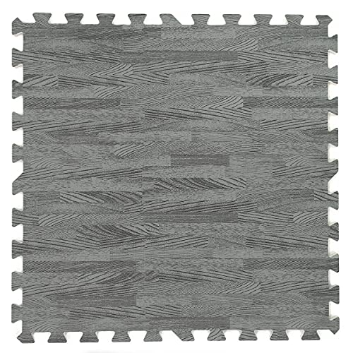 100 Sq. Ft 3/8 Inch Thick Printed Foam Tiles Interlocking Foam Mat, Sea Haze Grey Wood Grain Style Print, (24"x24", 25 pcs), Protective Flooring for Home, Exercise or Trade Show