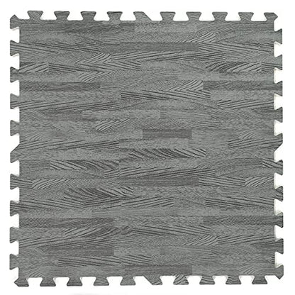 100 Sq. Ft 3/8 Inch Thick Printed Foam Tiles Interlocking Foam Mat, Sea Haze Grey Wood Grain Style Print, (24"x24", 25 pcs), Protective Flooring for Home, Exercise or Trade Show